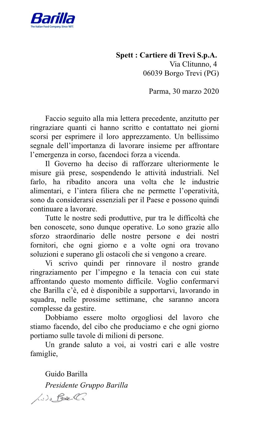 barilla azienda essenziale in emergenza coronavirus